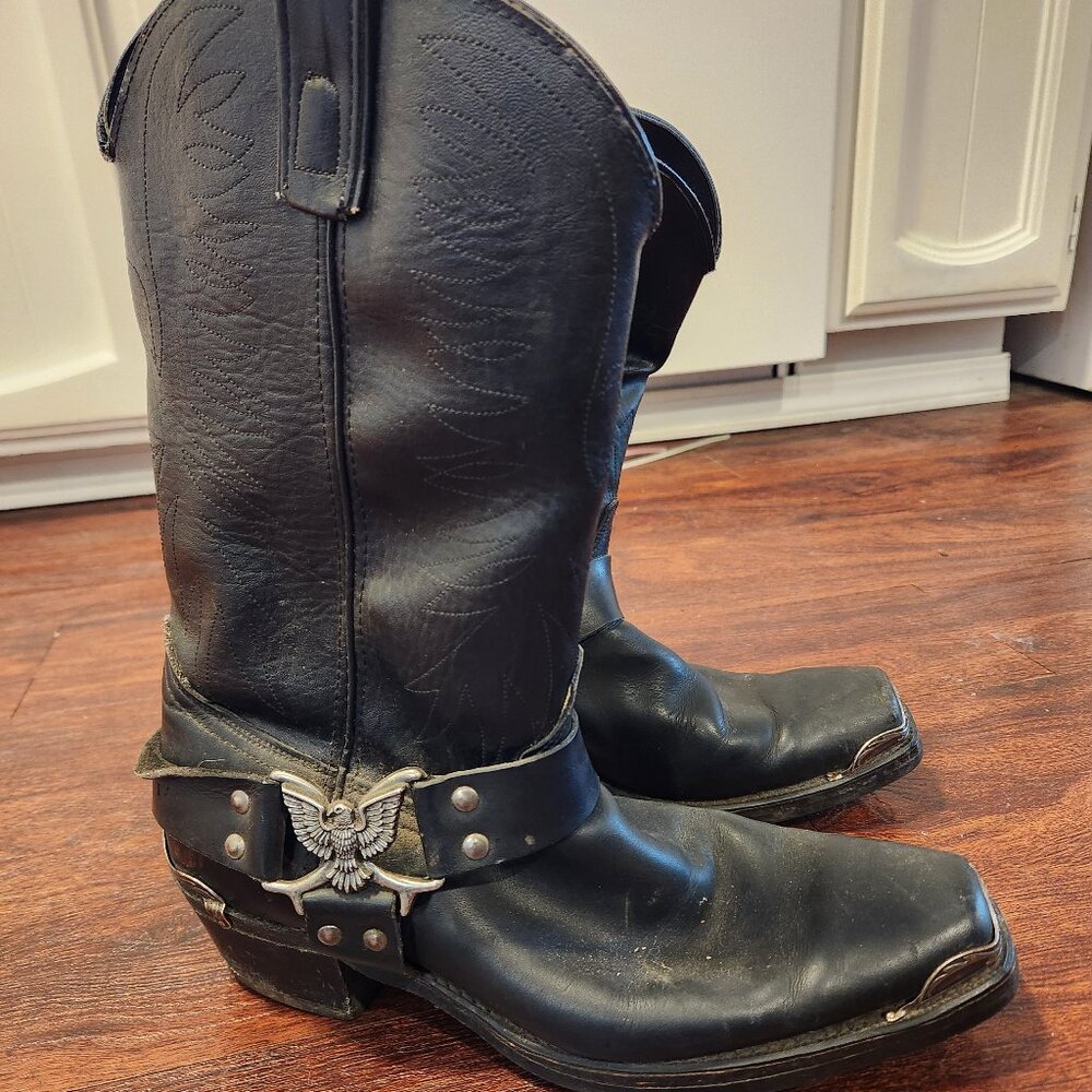 Black Leather motorcycle Western boots with silver tips